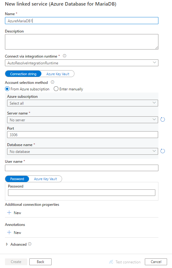 Captura de pantalla de la configuración del servicio vinculado a Azure Database for MariaDB