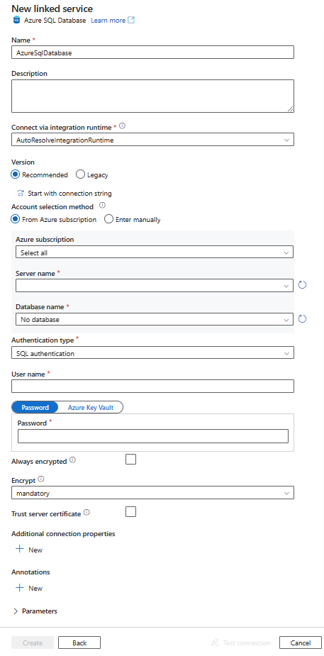 Captura de pantalla de la configuración del servicio vinculado de Azure SQL Database.