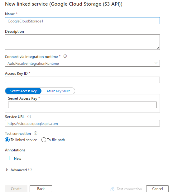 Configuración de un servicio vinculado a Google Cloud Storage.