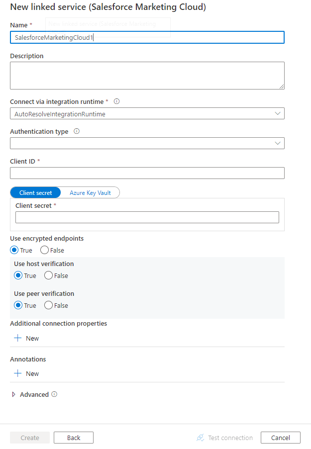 Configure un servicio vinculado a Salesforce Marketing Cloud.