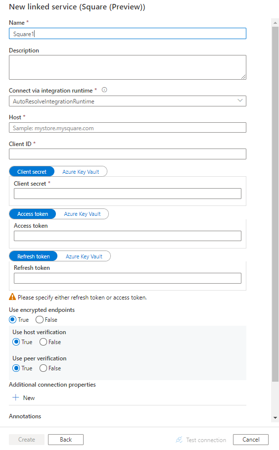 Captura de pantalla de la configuración del servicio vinculado en Square.