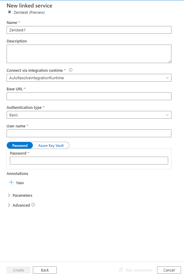 Captura de pantalla que muestra la configuración del servicio vinculado de Zendesk.