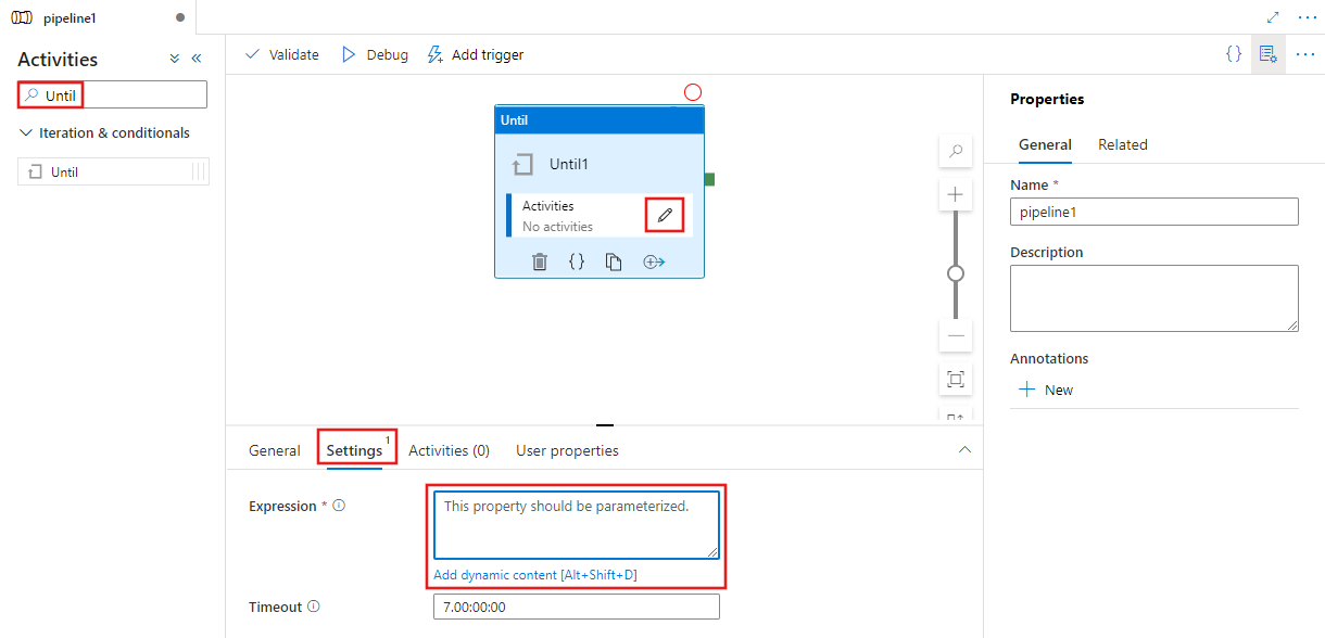 Muestra la pestaña Configuración de la actividad Until en el lienzo de la canalización.