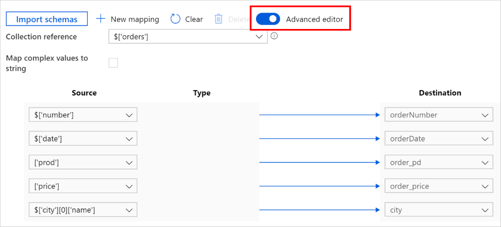 Asignación de datos jerárquicos a tabulares mediante el editor avanzado