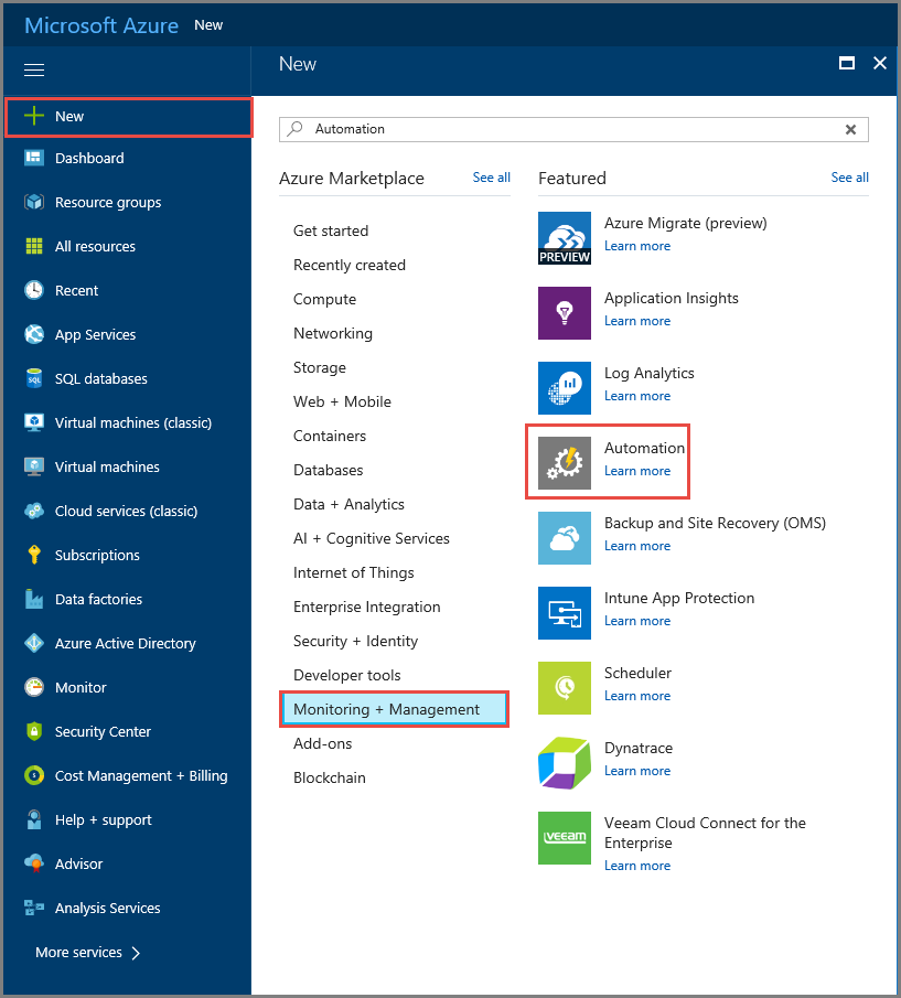 Captura de pantalla que muestra las selecciones para abrir Azure Automation en Azure Marketplace.