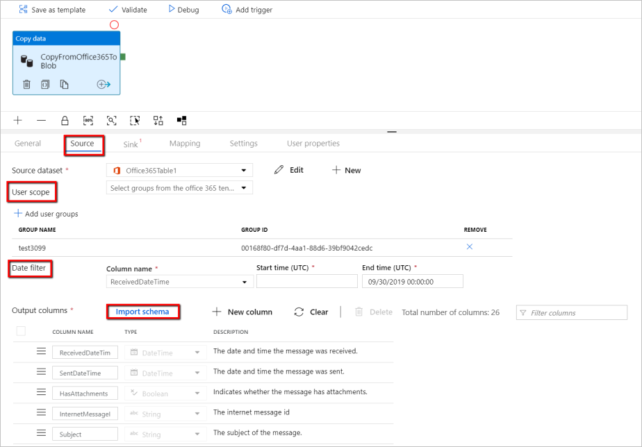 Configuración de esquema de conjunto de datos de Microsoft 365 (Office 365).