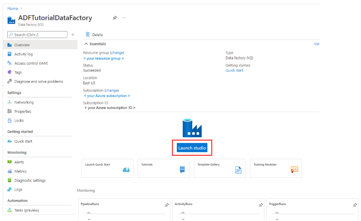 Página principal de Azure Data Factory, con el icono Abrir Azure Data Factory Studio resaltado.