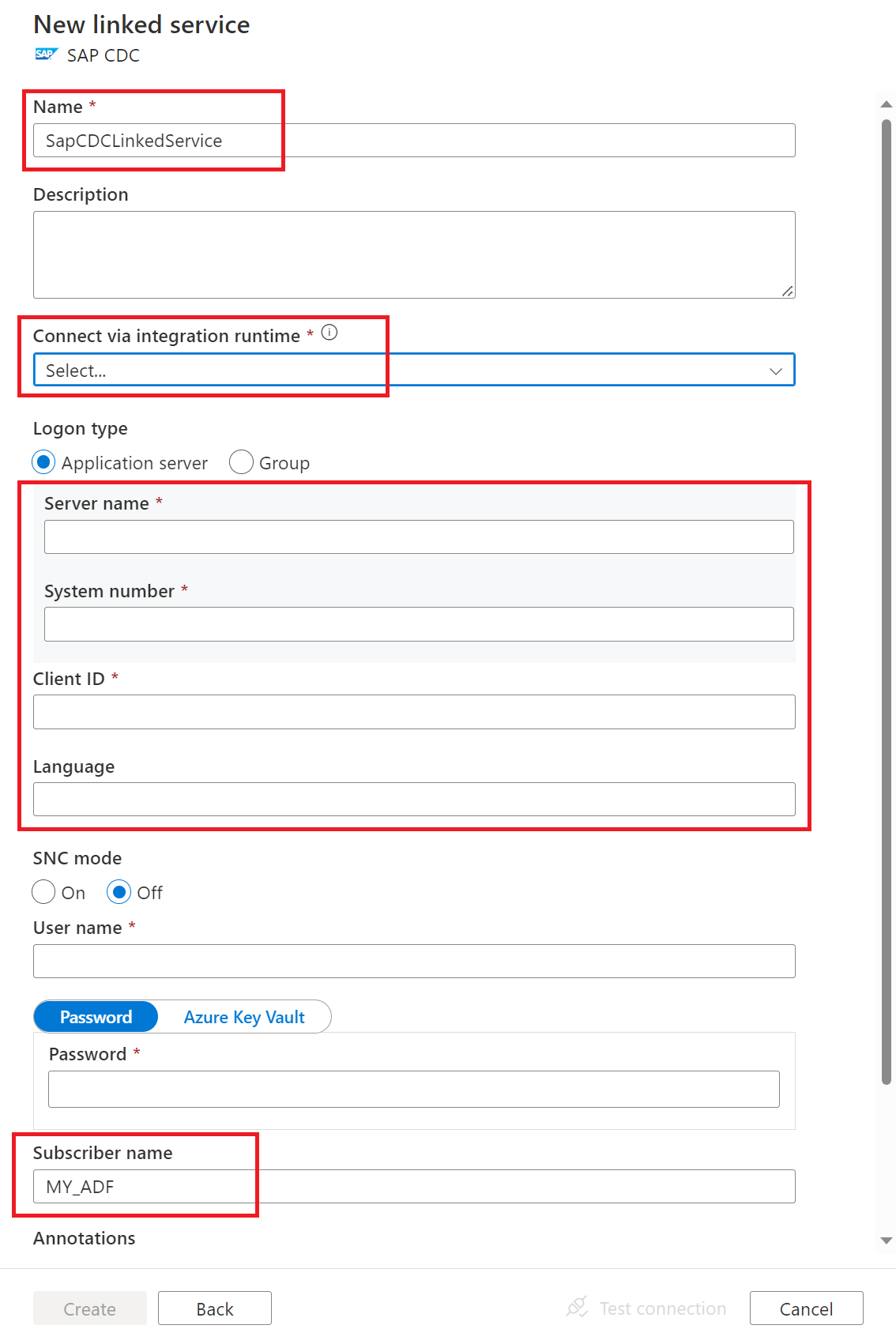 Captura de pantalla de la configuración del servicio vinculado de CDC de SAP.