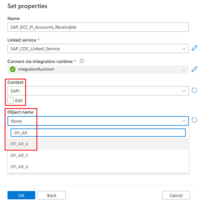 Captura de pantalla de la página de configuración del conjunto de datos de CDC de SAP.