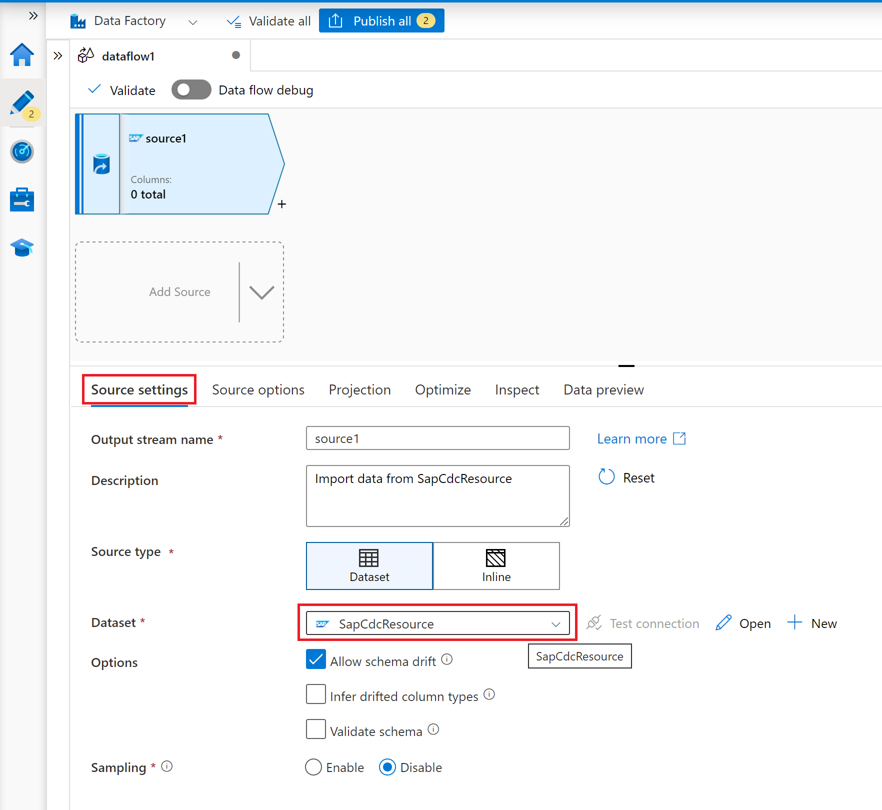 Captura de pantalla de la opción seleccionar conjunto de datos en la configuración de origen del origen del flujo de datos de asignación.