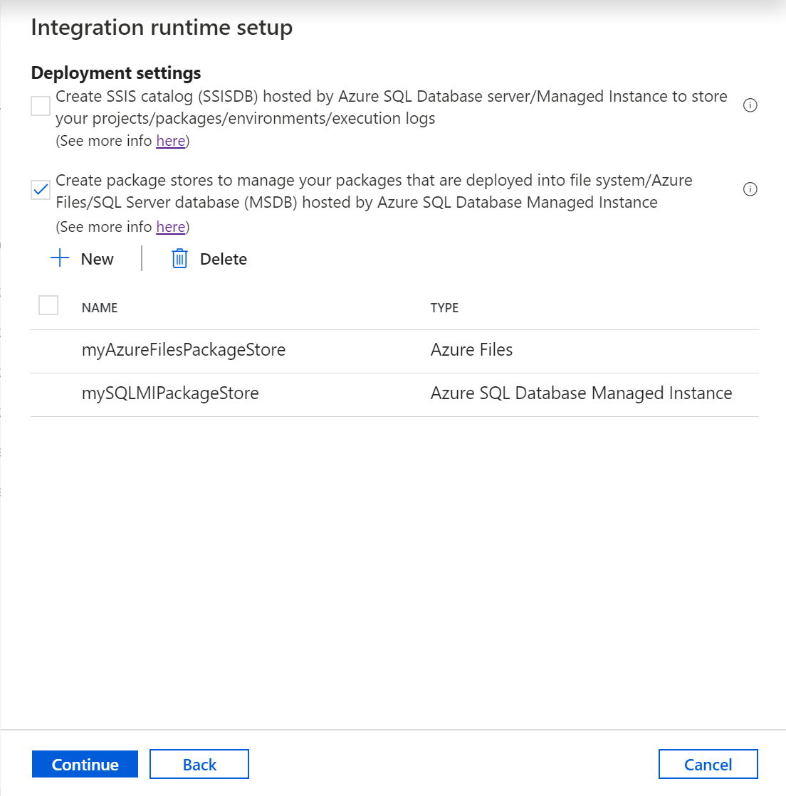 Configuración de implementación para MSDB, un sistema de archivos o Azure Files