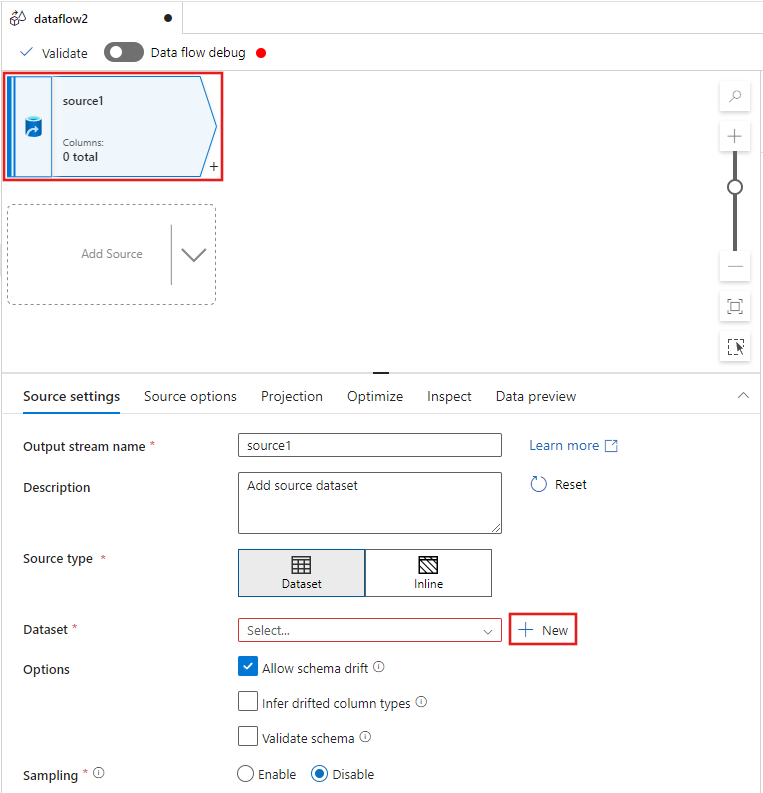 Captura de pantalla que muestra dónde agregar un nuevo conjunto de datos de origen al flujo de datos.