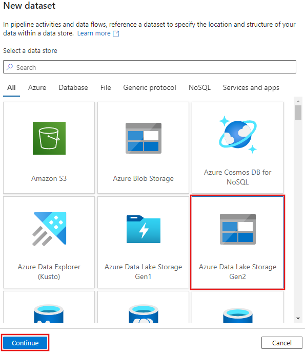 Captura de pantalla que muestra dónde seleccionar Azure Data Lake Storage Gen2 en la ventana Nuevo conjunto de datos.