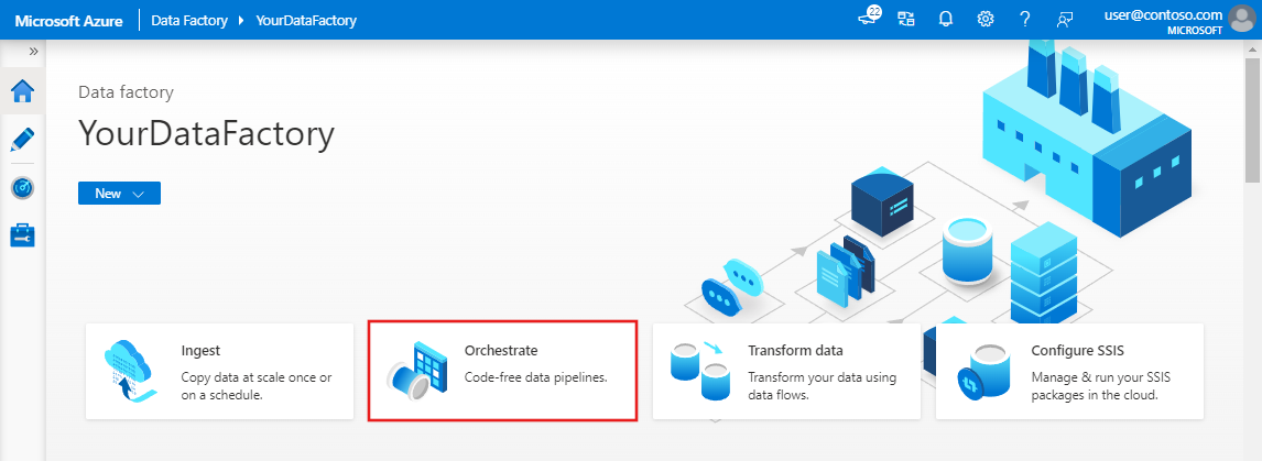 Captura de pantalla en la que se muestra el botón Orquestar resaltado en la página principal de la factoría de datos.