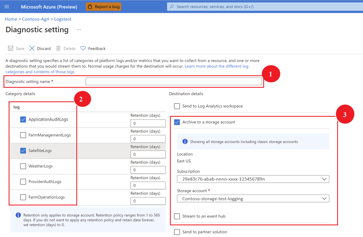 Captura de pantalla que muestra los pasos para crear la configuración de diagnóstico en Azure Portal.