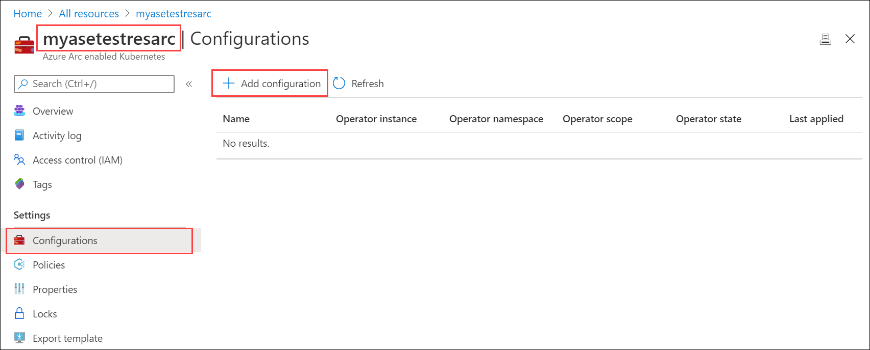 Captura de pantalla que muestra el clúster de Kubernetes habilitado para Azure Arc con la opción Agregar configuración seleccionada.