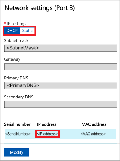 Captura de pantalla de la configuración de red del puerto 3 en la interfaz web local de un dispositivo Azure Stack Edge.