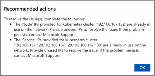 Captura de pantalla de Acciones recomendadas cuando se produce un error en las pruebas de ejecución de Azure Edge tal y como se muestra en la IU web local del dispositivo Azure Stack Edge.