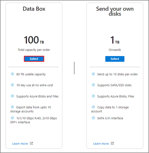 Selección de la capacidad de Data Box