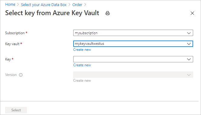 Pantalla Seleccione clave de Azure Key Vault