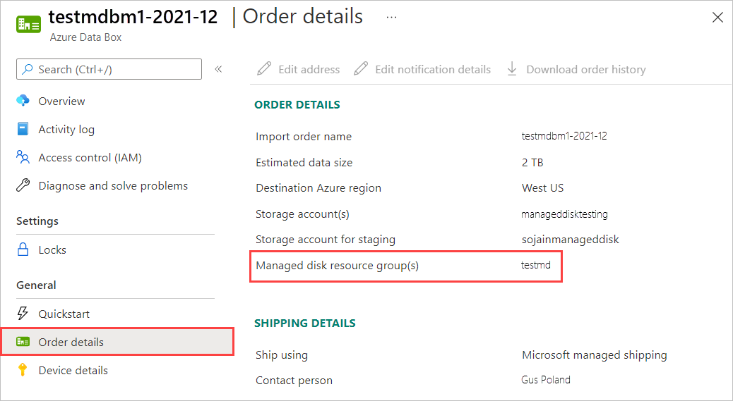 Captura de pantalla del panel Detalles del pedido para un pedido de importación de Data Box Disk. El elemento de menú Detalles del pedido y la configuración Grupos de recursos de disco administrado están resaltados.