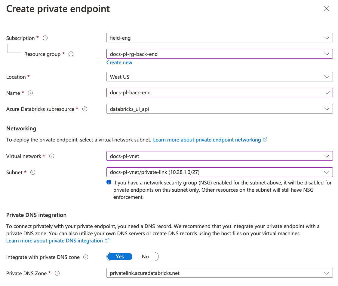 Hoja de Azure Portal para crear un punto de conexión privado