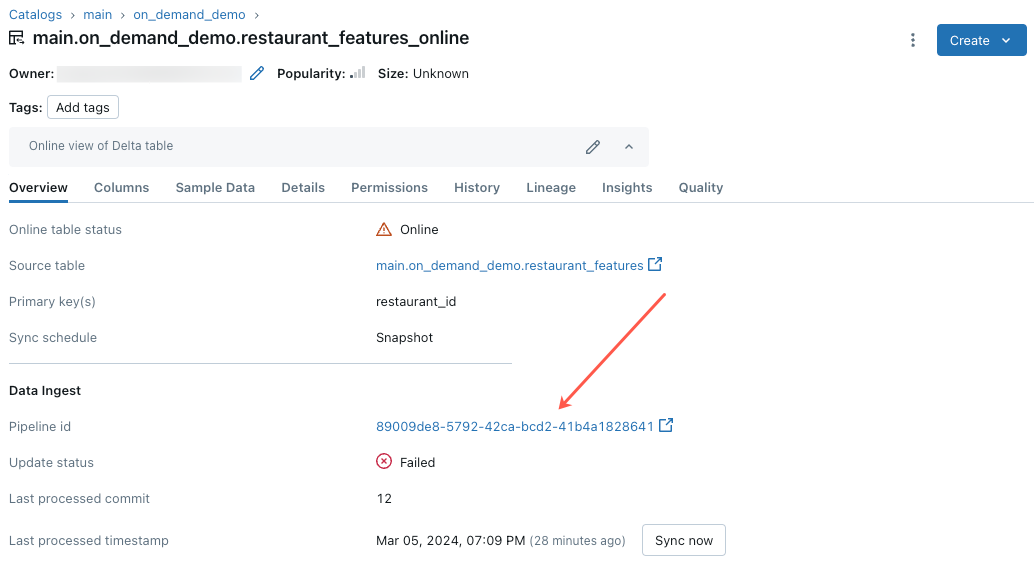 error de canalización de tablas en línea