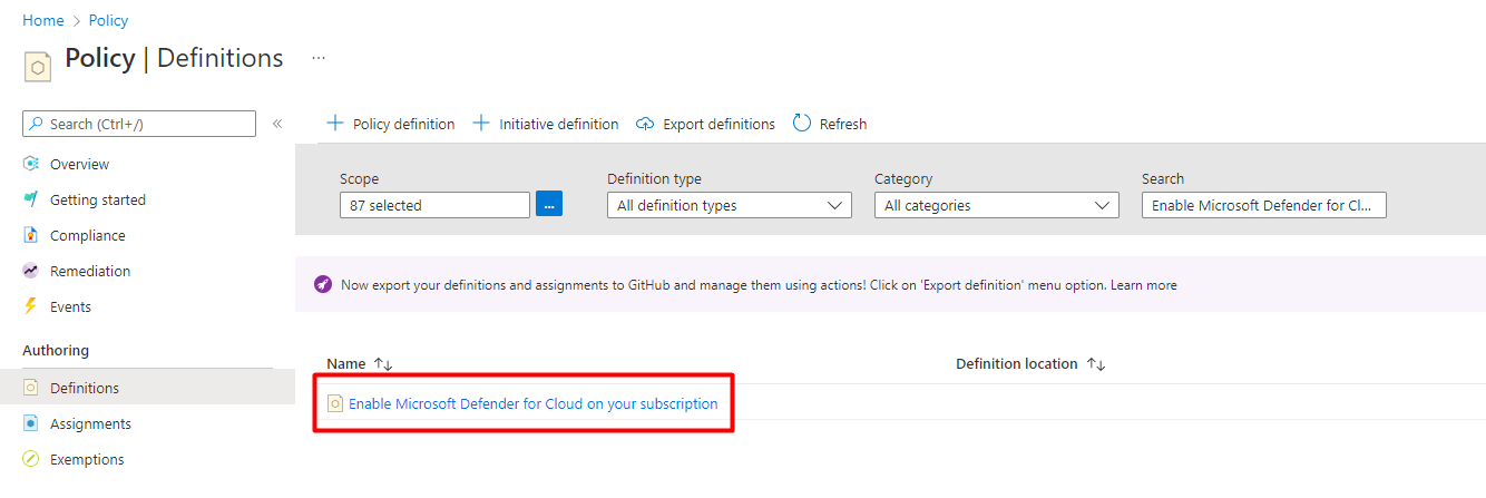 Captura de pantalla que muestra la definición de Azure Policy Habilitar Defender for Cloud en su suscripción.