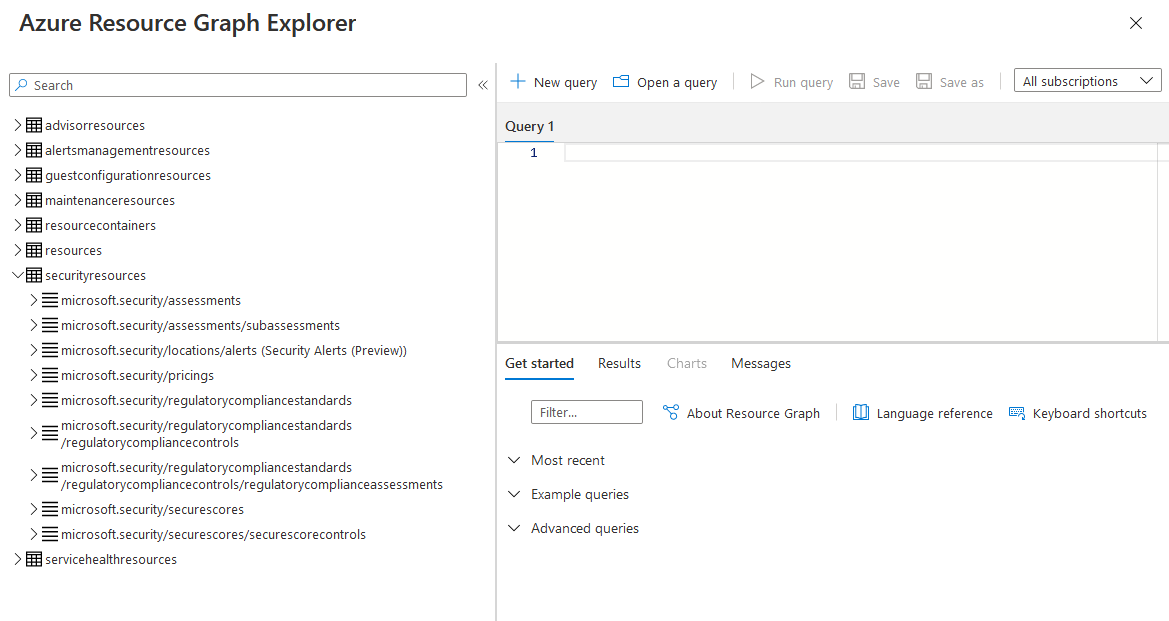 Explorador de Azure Resource Graph y tablas disponibles.