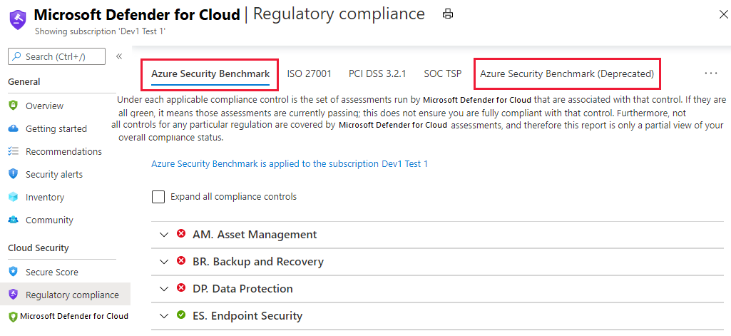 Panel de cumplimiento normativo de Security Center que muestra Azure Security Benchmark