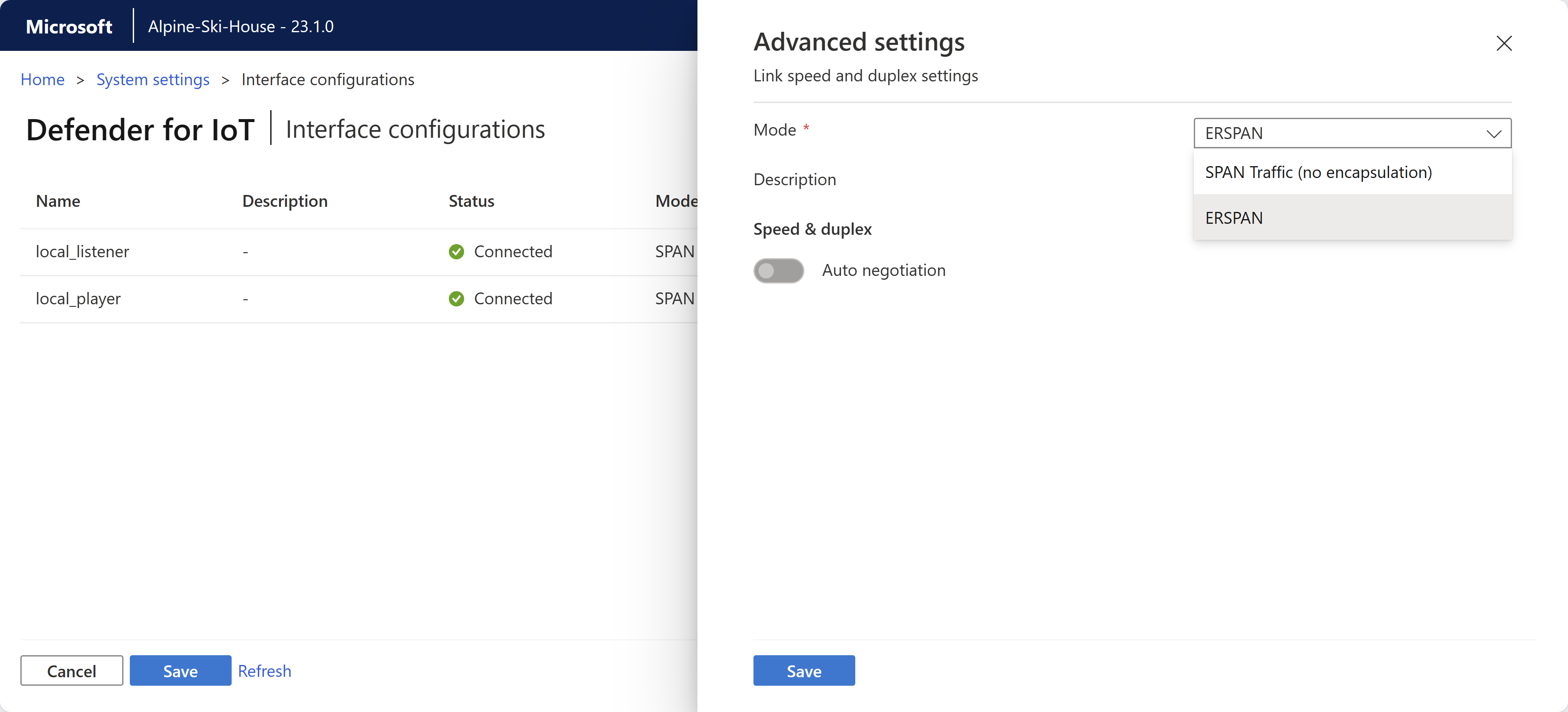 Captura de pantalla sobre cómo configurar ERSPAN en la página Configuraciones de interfaz.