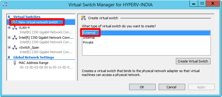 Captura de pantalla de la selección de una nueva red virtual y externa antes de crear el conmutador virtual.