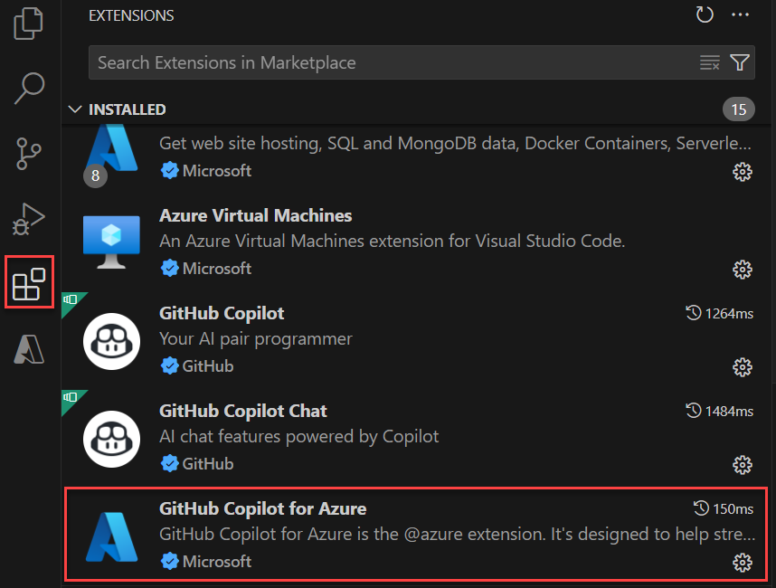 Captura de pantalla que muestra GitHub Copilot para Azure en la lista de extensiones de Visual Studio Code.