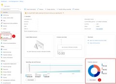 Captura de pantalla de la página de información general detallada de una suscripción de Azure que muestra los vínculos usados para el análisis de costes, la configuración de alertas de costes y cómo obtener datos detallados de facturación por recurso de Azure.