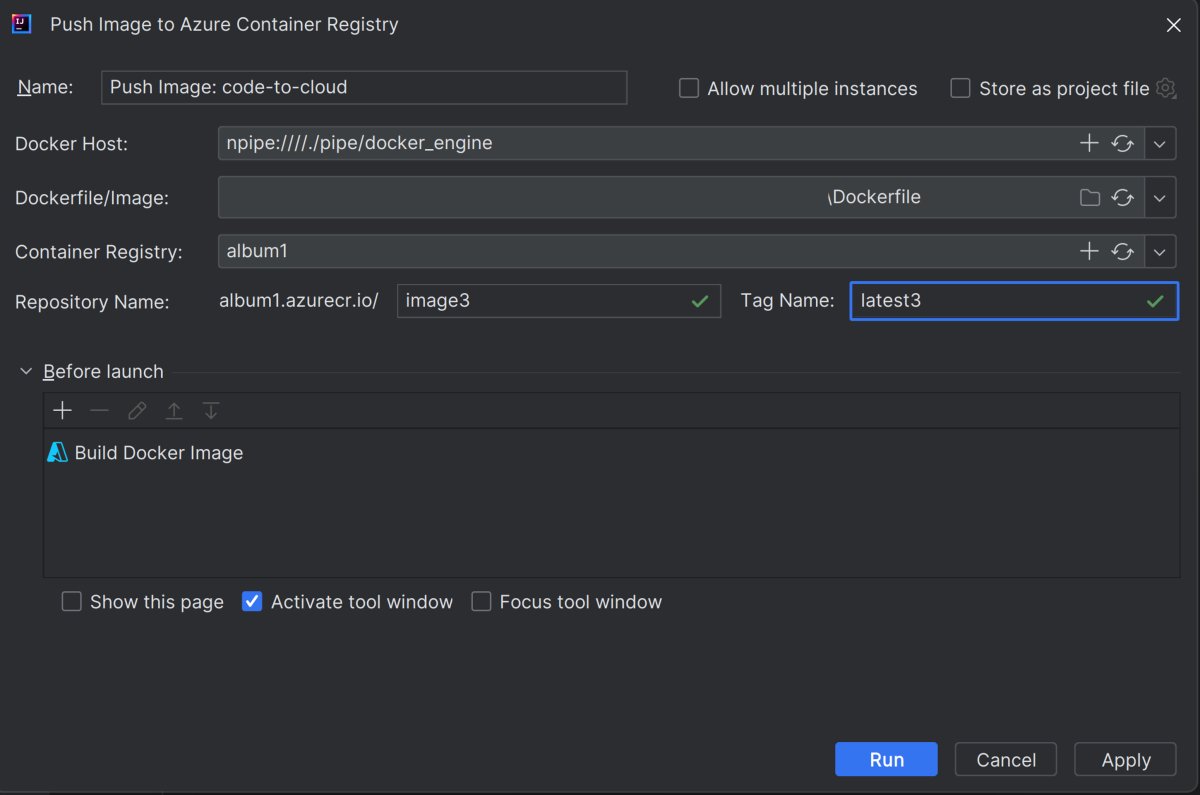 Captura de pantalla de Intelli J que muestra el cuadro de diálogo Insertar imagen en Azure Container Registry.