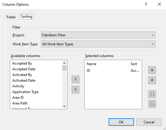 Captura de pantalla que muestra el cuadro de diálogo Opciones de columna, Visual Studio, pestaña Ordenar.