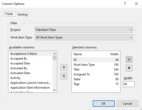 Captura de pantalla que muestra el cuadro de diálogo Opciones de columna, Visual Studio, pestaña Campos.