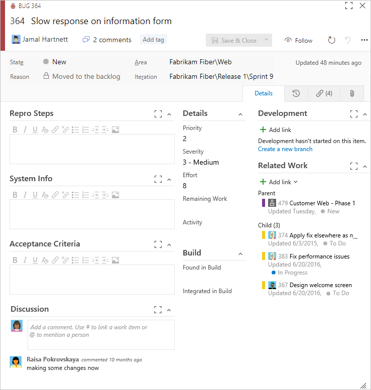 Captura de pantalla del tipo de elemento de trabajo de error, formulario para el proceso Scrum, Azure DevOps Server 2019 y TFS 2018.