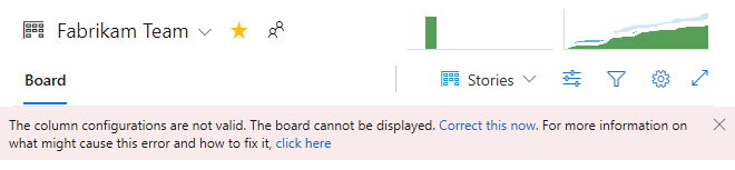 Captura de pantalla que muestra un mensaje de error de configuración en un panel Kanban.