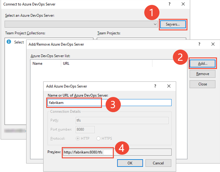 Captura de pantalla de cuadros de diálogo secundarios Conectarse a Azure DevOps Server, versiones locales.