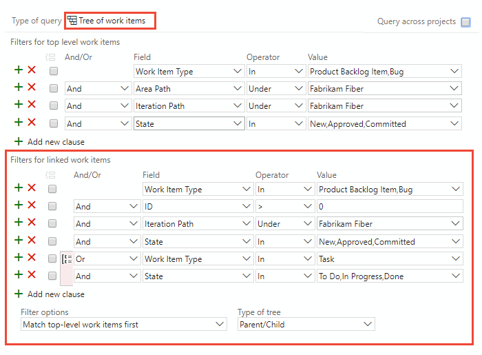 Captura de pantalla de la vista del editor de consultas del árbol de elementos de trabajo.