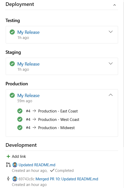 Captura de pantalla de las fases de configuración de versión, incluidas las pruebas, el almacenamiento provisional, la producción y el desarrollo.