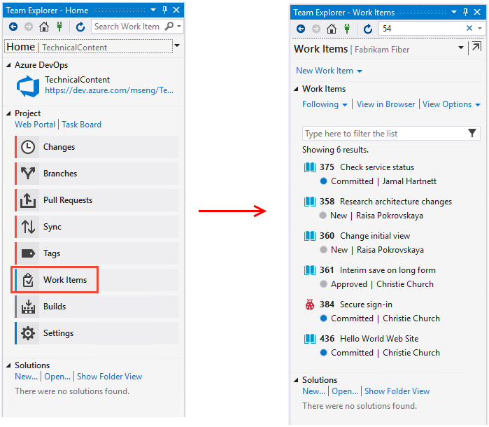 Captura de pantalla de Visual Studio, Team Explorer y el centro de elementos de trabajo abiertos.