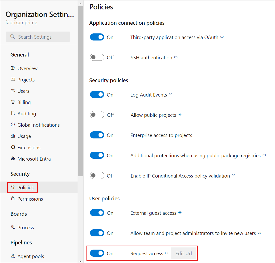 Deshabilitar la directiva de acceso de solicitud en la configuración de la organización