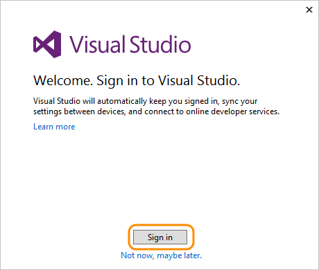 Captura de pantalla que muestra el símbolo del sistema de inicio de sesión de Visual Studio.