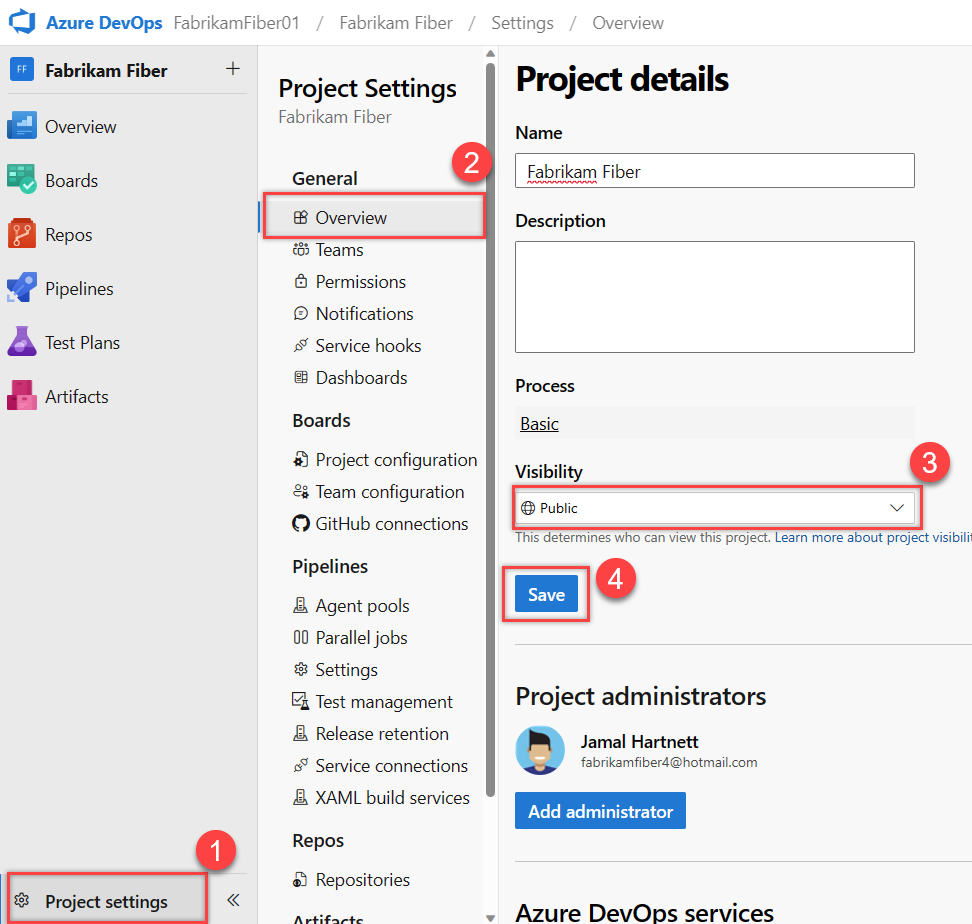 Screenshot showing Project Settings, Overview, Visibility flow.