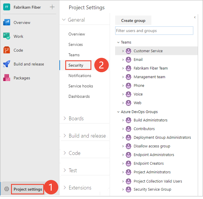 Captura de pantalla de la selección seguridad de configuración>del proyecto.