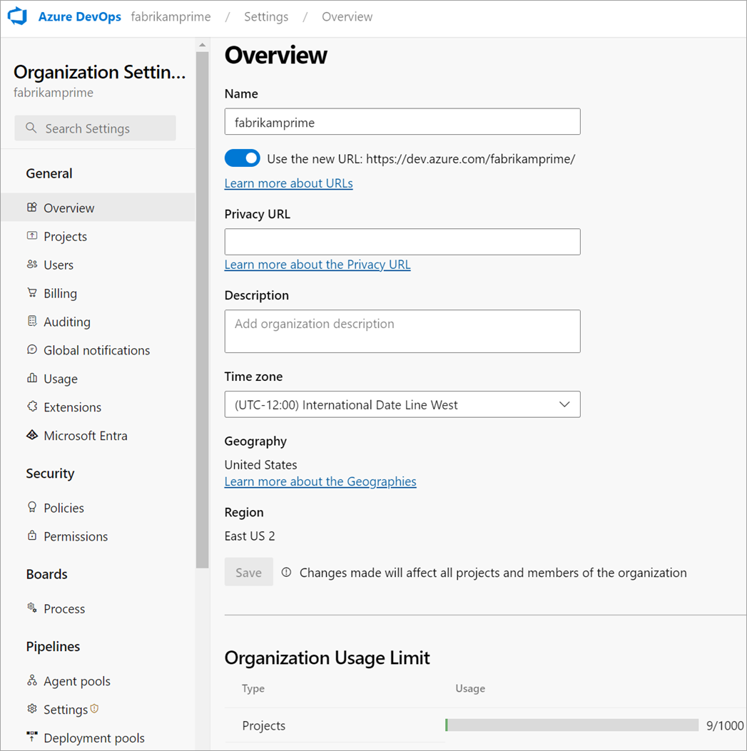 Captura de pantalla de las opciones de configuración de la organización, nube.