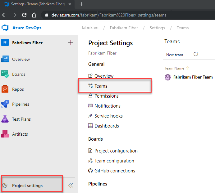 Abra Configuración del proyecto y, después, Equipos.