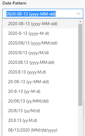 Captura de pantalla de las opciones desplegables de Patrón de fecha en el panel Hora y configuración regional.